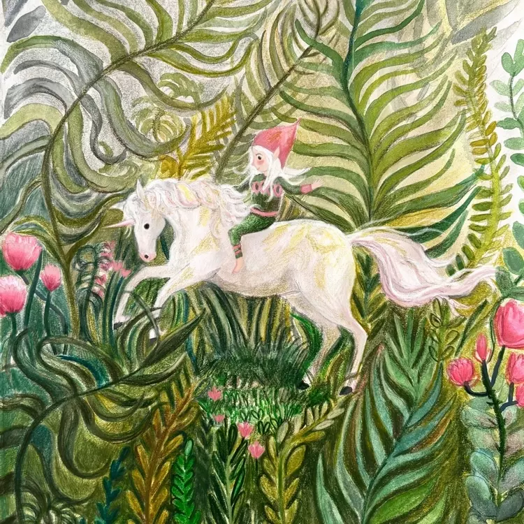 a mixed media illustration of a pixie riding a tiny unicorn . this fantasy illustration features the unicorn amidst ferns and flowers. 